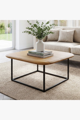 Tölgyfa szögletes dohányzóasztal fekete vas lábakkal 75x75 cm